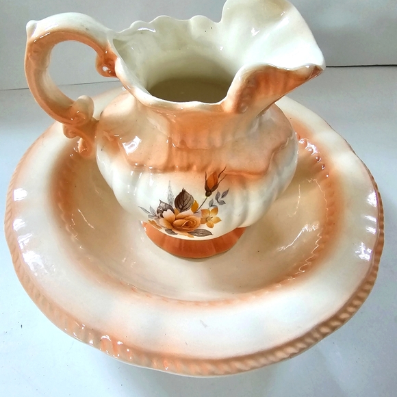 Vintage Pitcher Jug and Wash Basin bowl floral peach small - Picture 2 of 12